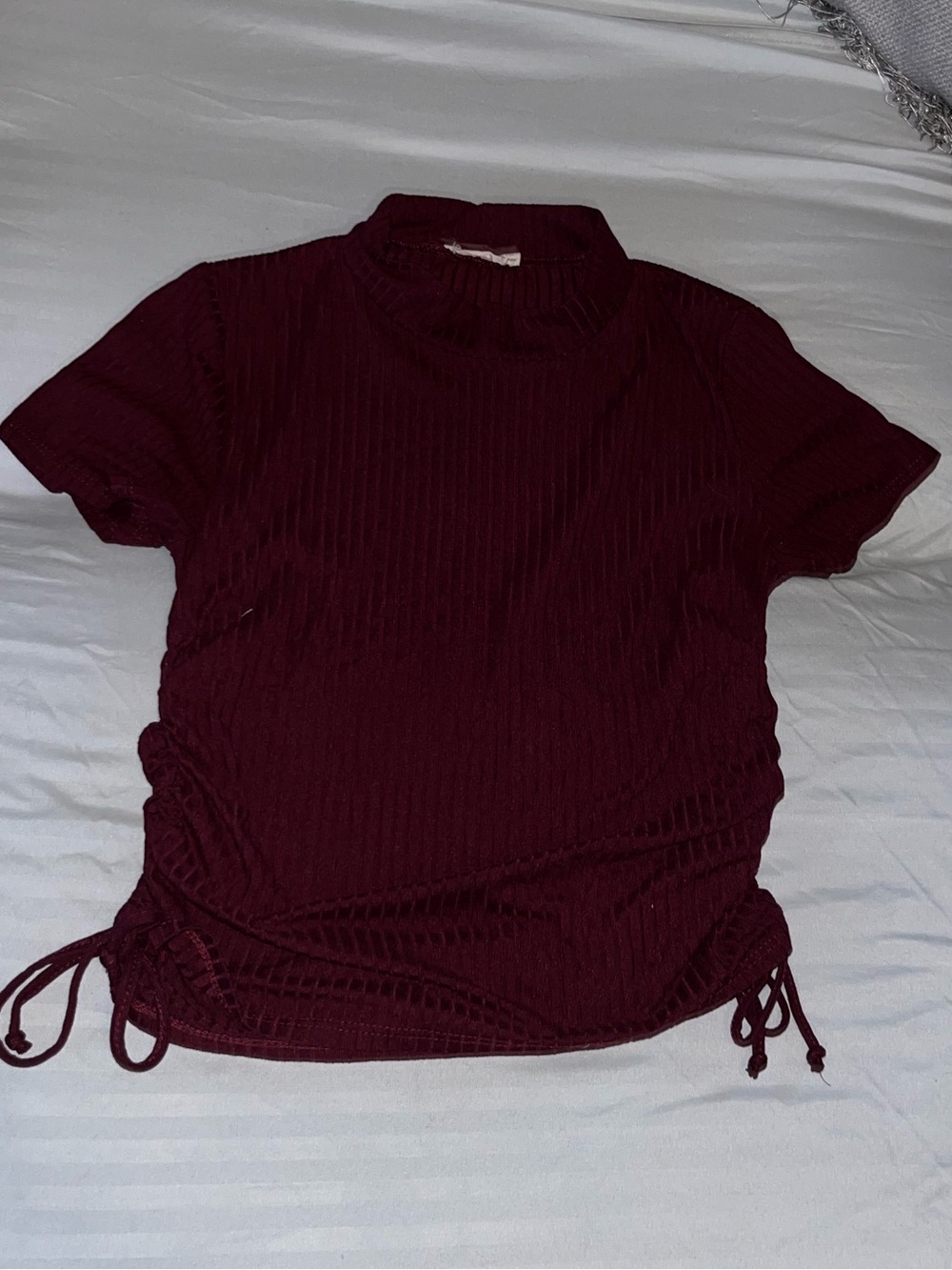 Women's Burgundy Short Sleeve Ruched Tie-Side Top